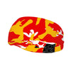 Athletic sports sweatband wide headband for youth and adult football, basketball, baseball, softball, gym workout, printed with red, yellow, and white colors. 
