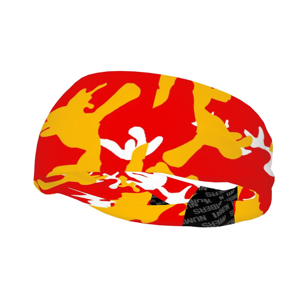 Athletic sports sweatband wide headband for youth and adult football, basketball, baseball, softball, gym workout, printed with red, yellow, and white colors. 
