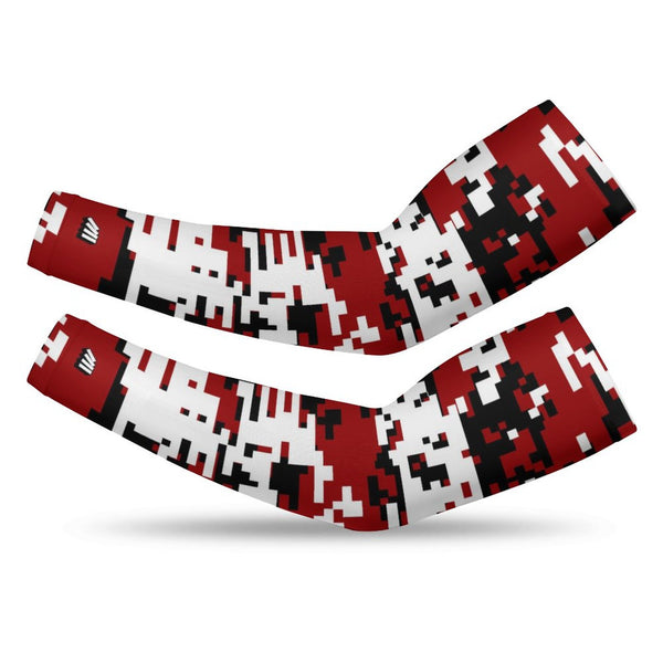 Athletic sports compression arm sleeve for youth and adult football, basketball, baseball, and softball printed with digicamo maroon, white, and black colors.