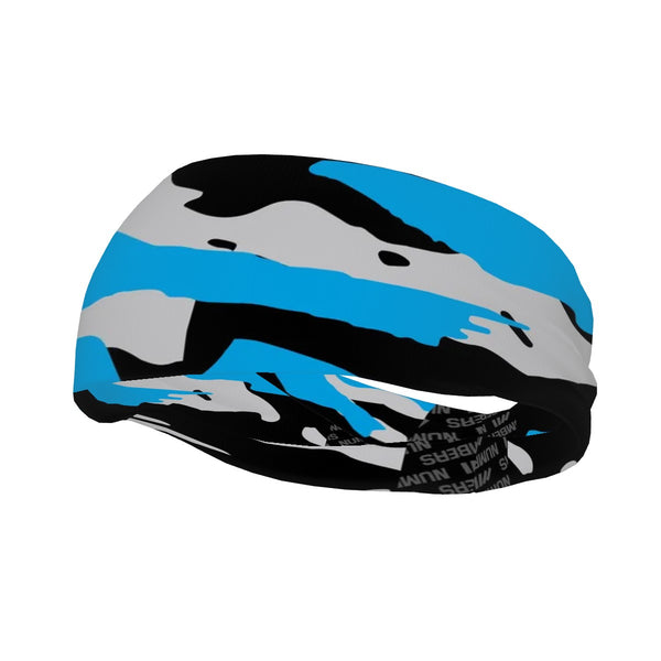 Athletic sports sweatband wide headband for youth and adult football, basketball, baseball, softball, gym workout, printed with blue, gray, and black colors.
