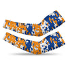 Athletic sports compression arm sleeve for youth and adult football, basketball, baseball, and softball printed with digicamo blue, orange, and white colors. 