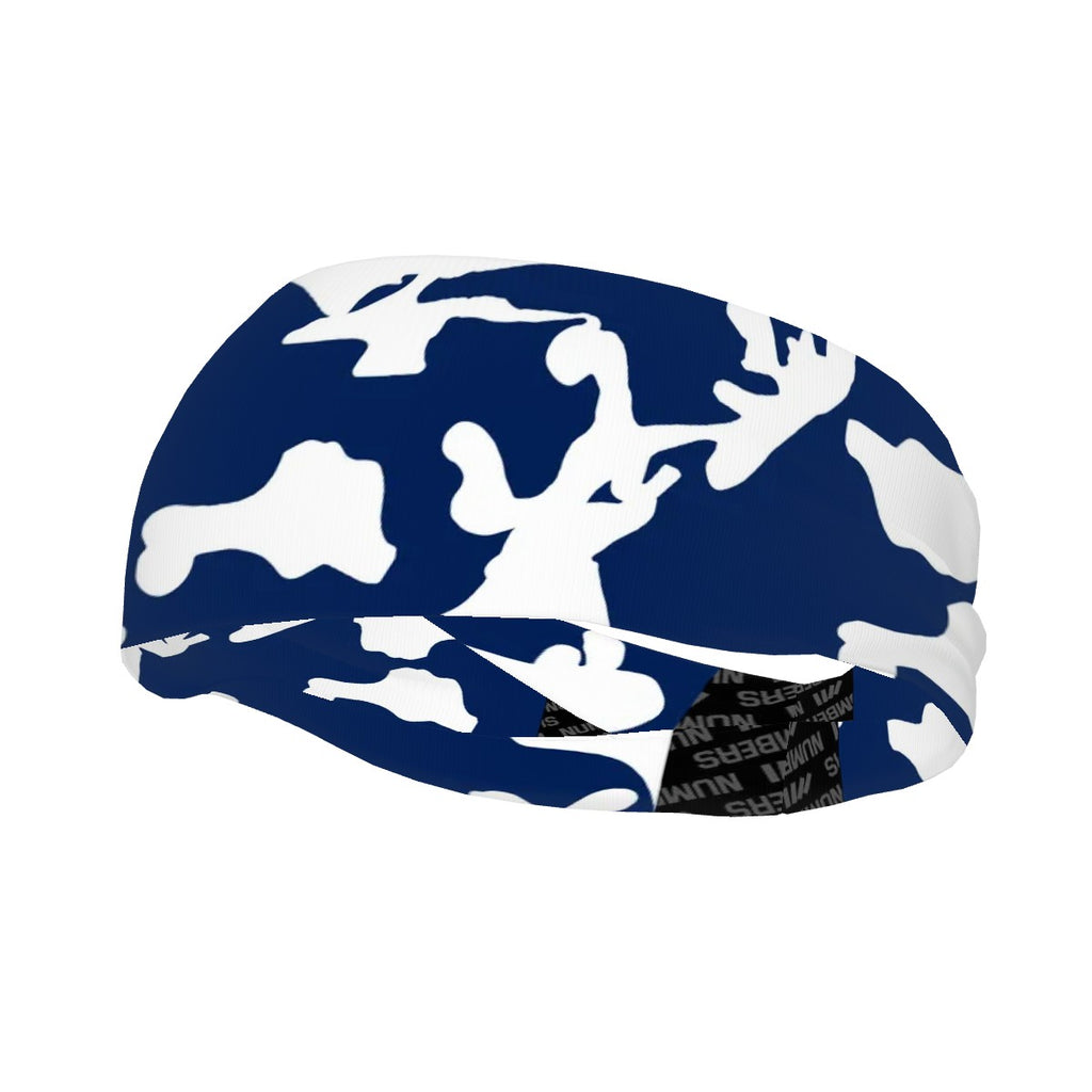 Athletic sports sweatband wide headband for youth and adult football, basketball, baseball, softball, gym workout, printed with navy blue and white colors. 