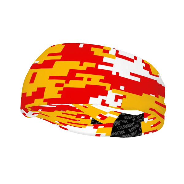 Athletic sports sweatband wide headband for youth and adult football, basketball, baseball, softball, gym workout, printed with red, yellow, and white colors. 