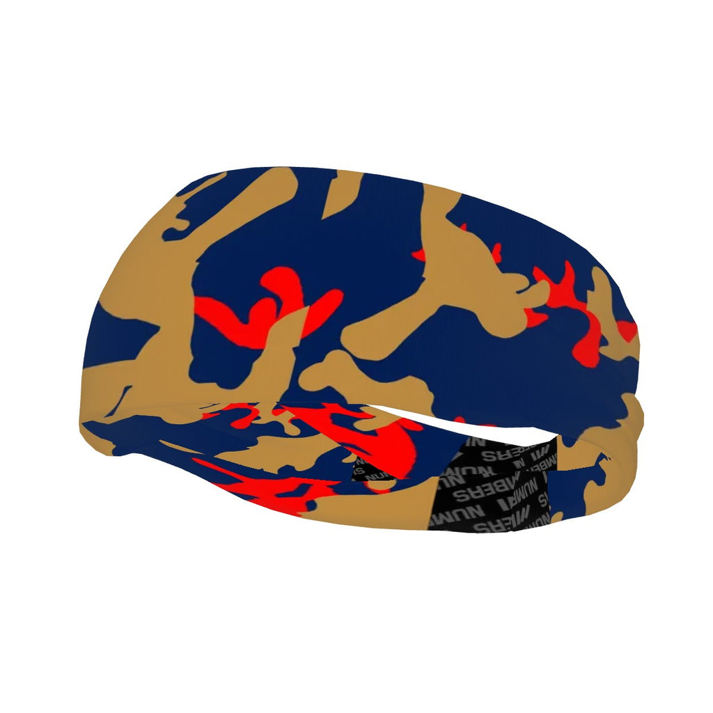 Athletic sports sweatband wide headband for youth and adult football, basketball, baseball, softball, gym workout, printed with navy blue, red, and gold colors. 