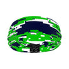 Athletic sports sweatband wide headband for youth and adult football, basketball, baseball, softball, gym workout, printed with green, blue, and white colors.