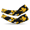 Athletic sports compression arm sleeve for youth and adult football, basketball, baseball, and softball printed with camo black, yellow, and white colors. 