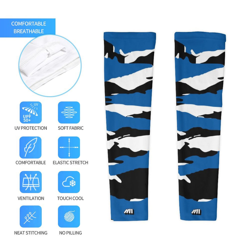 Athletic sports compression arm sleeve for youth and adult football, basketball, baseball, and softball printed with predator blue, white, and black colors. 