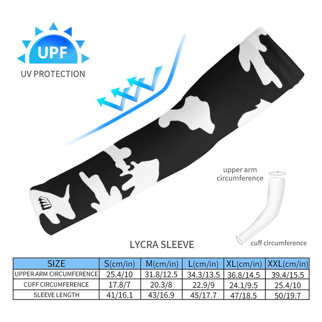 Athletic sports compression arm sleeve for youth and adult football, basketball, baseball, and softball printed with camo black and white colors.  
