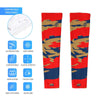 Athletic sports compression arm sleeve for youth and adult football, basketball, baseball, and softball printed with predator navy blue, gold, and red colors. 