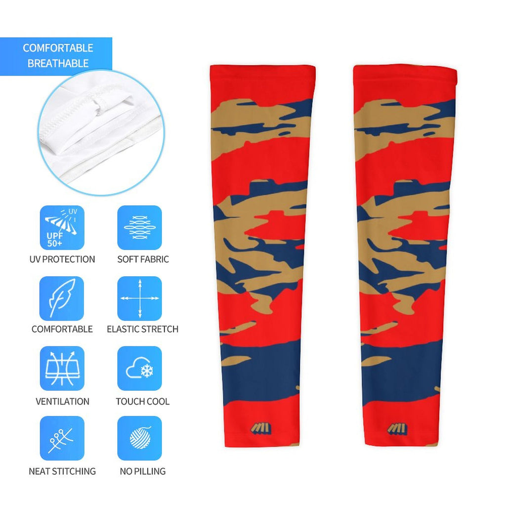 Athletic sports compression arm sleeve for youth and adult football, basketball, baseball, and softball printed with predator navy blue, gold, and red colors. 
