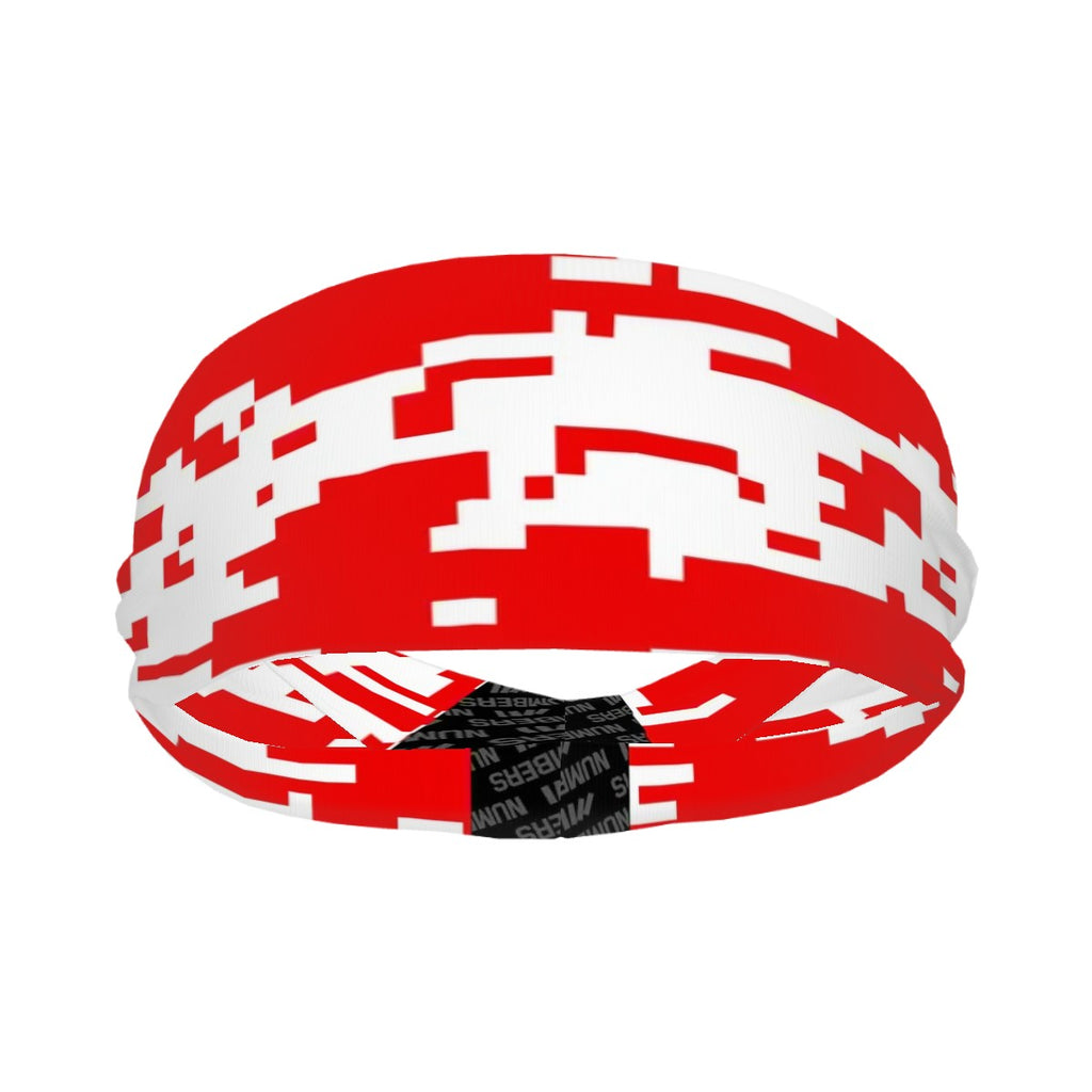 Athletic sports sweatband wide headband for youth and adult football, basketball, baseball, softball, gym workout, printed with red, and white colors. 
