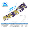 Athletic sports compression arm sleeve for youth and adult football, basketball, baseball, and softball printed with digicamo purple, gold, and white colors. 