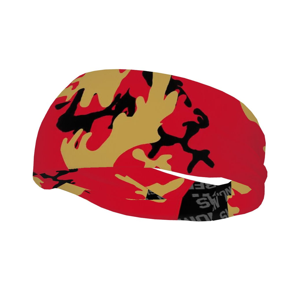 Athletic sports sweatband wide headband for youth and adult football, basketball, baseball, softball, gym workout, printed with red, gold, and black colors. 