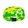 Athletic sports sweatband wide headband for youth and adult football, basketball, baseball, softball, gym workout, printed with neon green, yellow, and white colors. 