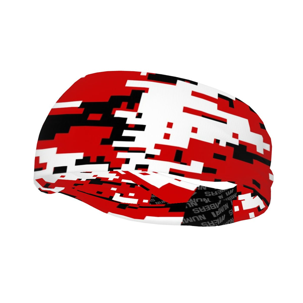 Athletic sports sweatband wide headband for youth and adult football, basketball, baseball, softball, gym workout, printed with red, white, and black colors. 