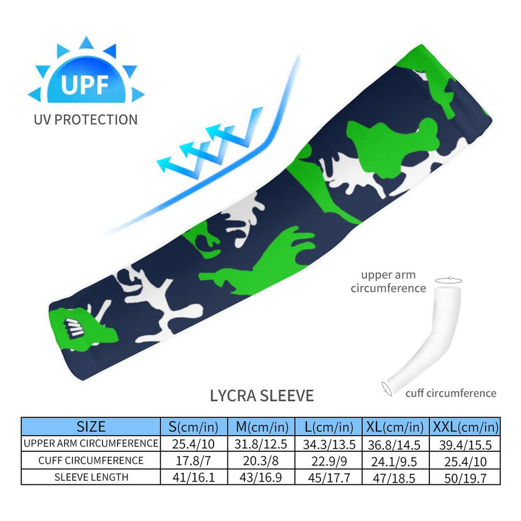 Athletic sports compression arm sleeve for youth and adult football, basketball, baseball, and softball printed with camo navy blue, green, and white colors.