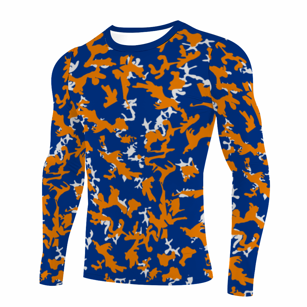 Athletic sports performance shirt for youth and adult football, basketball, baseball, softball, practice, training, etc. printed with camouflage orange, blue, white colors New York Mets