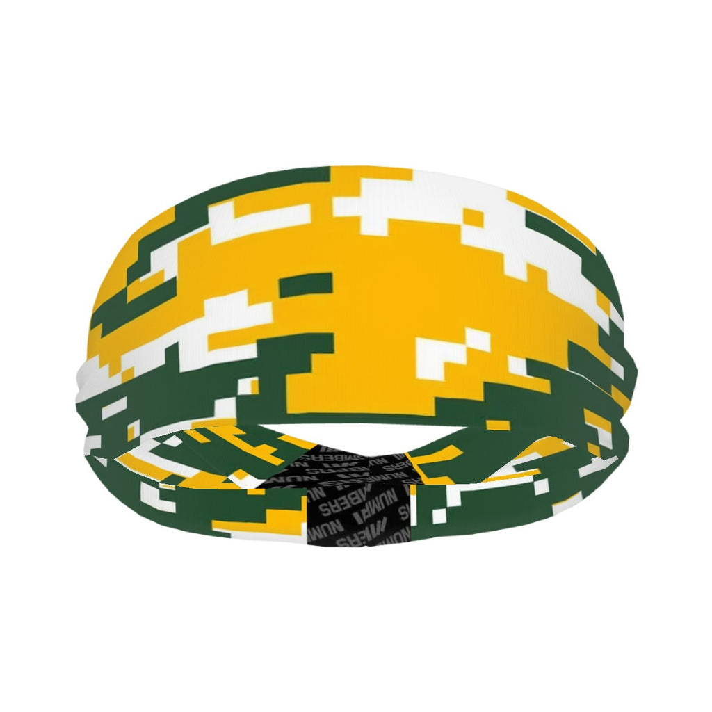 Athletic sports sweatband wide headband for youth and adult football, basketball, baseball, softball, gym workout, printed with yellow, white, and green colors. 
