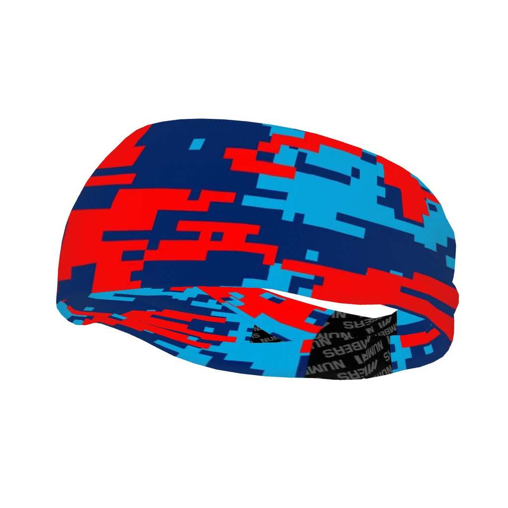 Athletic sports sweatband wide headband for youth and adult football, basketball, baseball, softball, gym workout, printed with navy blue, baby blue, and red colors.