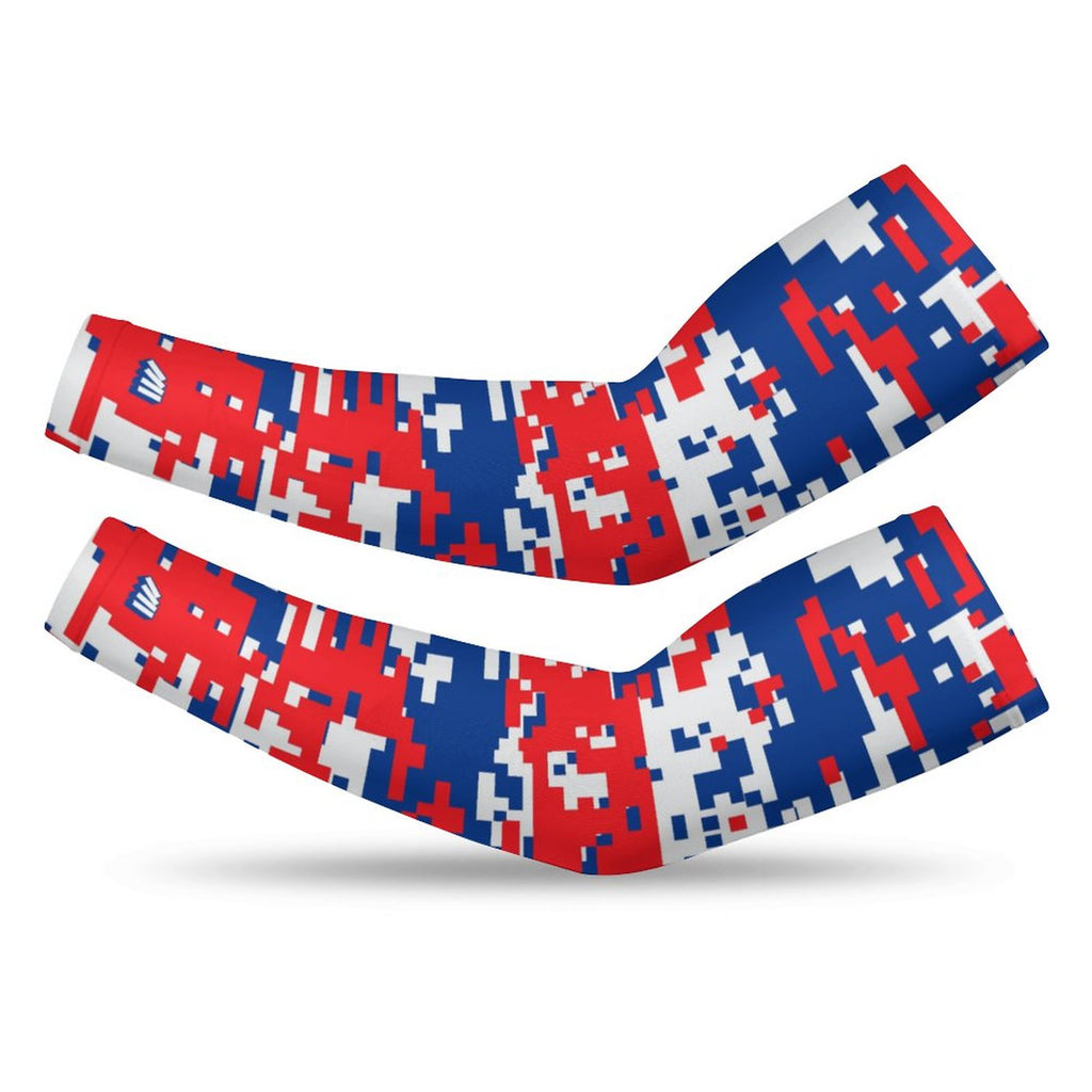 Athletic sports compression arm sleeve for youth and adult football, basketball, baseball, and softball printed with digicamo royal blue, red, and white colors.