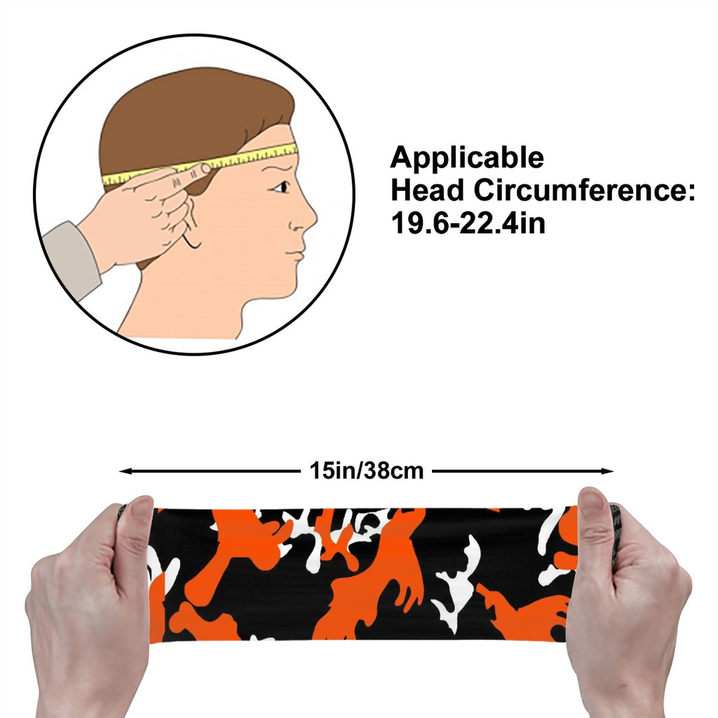 Athletic sports sweatband wide headband for youth and adult football, basketball, baseball, softball, gym workout, printed with orange, black, and white colors. 