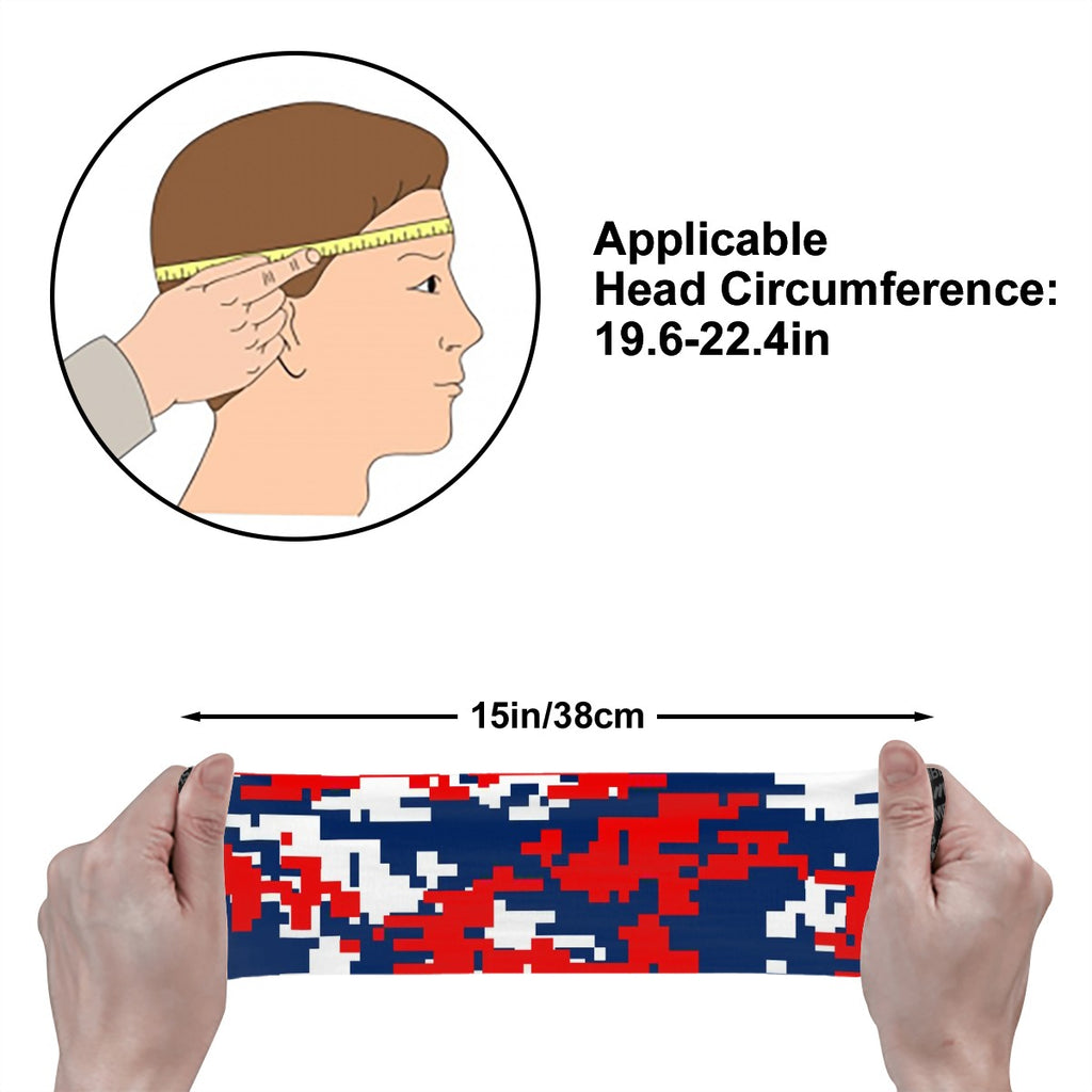Athletic sports sweatband wide headband for youth and adult football, basketball, baseball, softball, gym workout, printed with navy blue, red, and white colors.