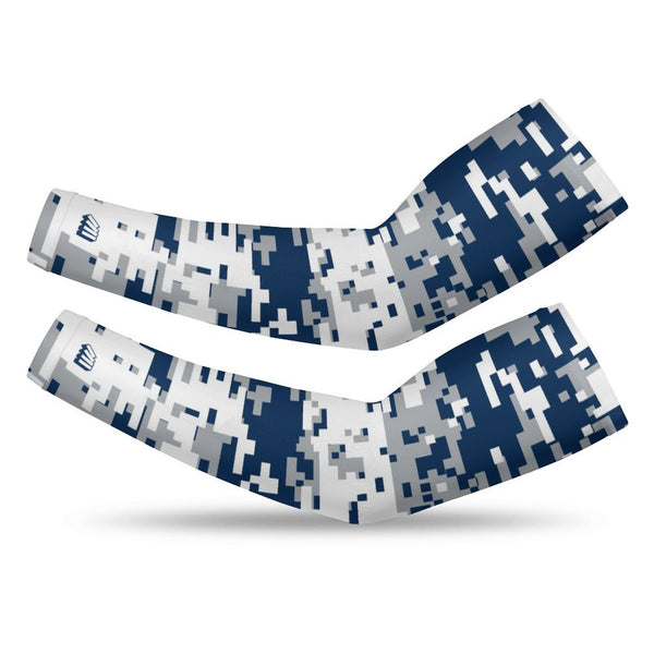 Athletic sports compression arm sleeve for youth and adult football, basketball, baseball, and softball printed with digicamo navy blue, white, and gray colors. 