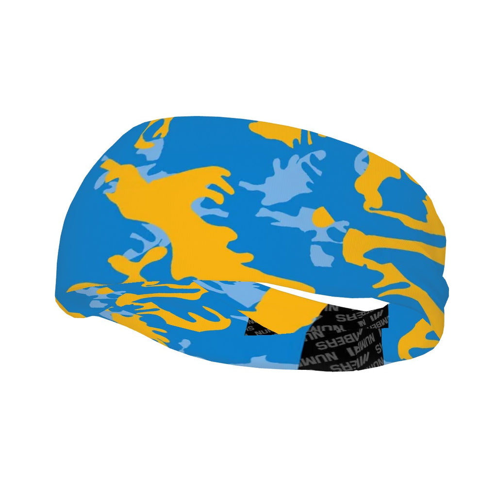 Athletic sports sweatband wide headband for youth and adult football, basketball, baseball, softball, gym workout, printed with light blue, powder blue, and yellow colors.