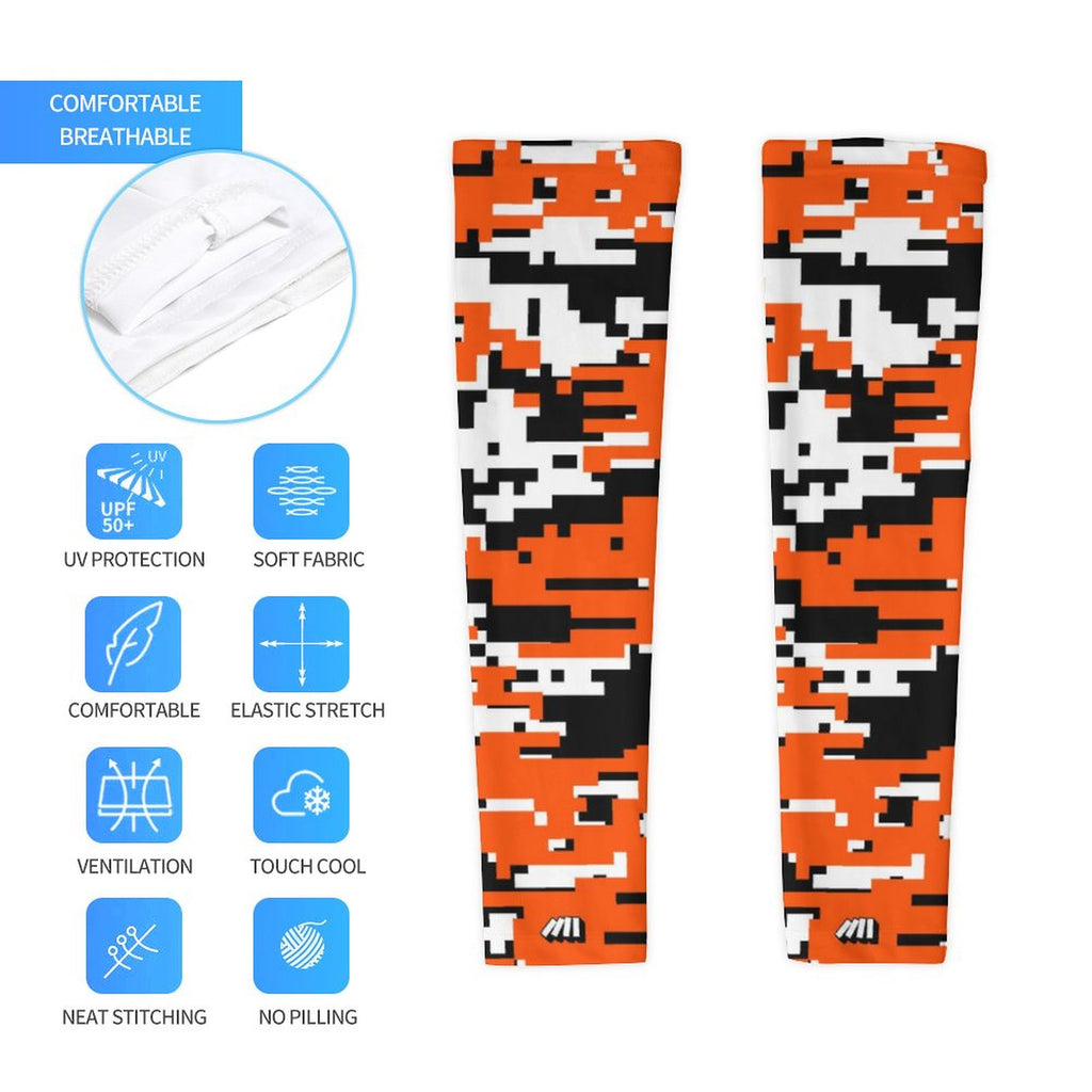 Athletic sports compression arm sleeve for youth and adult football, basketball, baseball, and softball printed with digicamo black, orange, and white colors. 