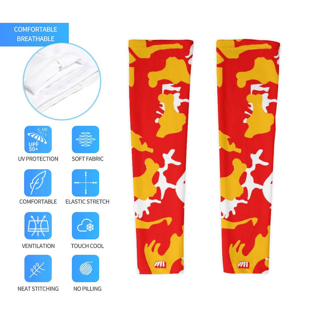 Athletic sports compression arm sleeve for youth and adult football, basketball, baseball, and softball printed with camo red, yellow, and white colors. 