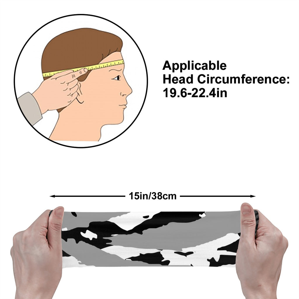 Athletic sports sweatband wide headband for youth and adult football, basketball, baseball, softball, gym workout, printed with black, gray, and white colors.