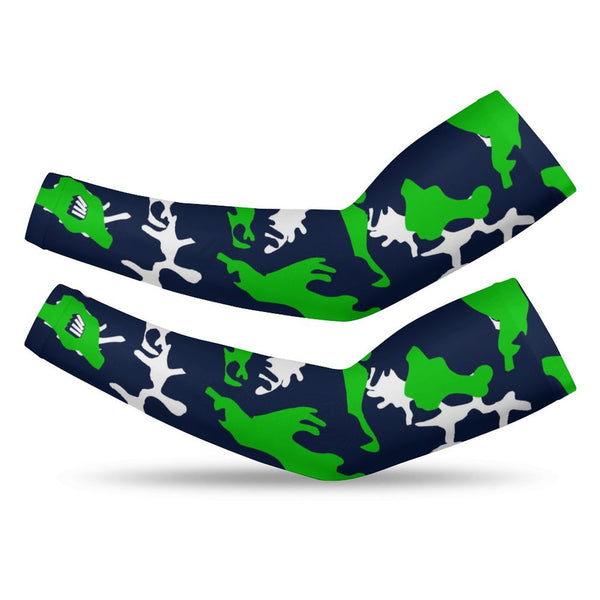 Athletic sports compression arm sleeve for youth and adult football, basketball, baseball, and softball printed with camo navy blue, green, and white colors.