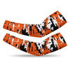 Athletic sports compression arm sleeve for youth and adult football, basketball, baseball, and softball printed with digicamo black, orange, and white colors. 
