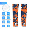 Athletic sports compression arm sleeve for youth and adult football, basketball, baseball, and softball printed with camo navy blue, orange, and white colors. 