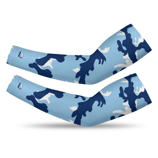 Athletic sports compression arm sleeve for youth and adult football, basketball, baseball, and softball printed with camo baby blue, navy blue, and white colors. 