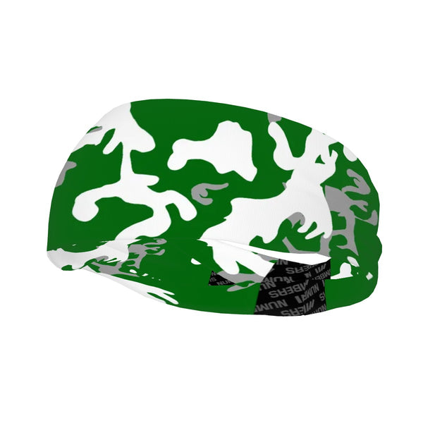 Athletic sports sweatband wide headband for youth and adult football, basketball, baseball, softball, gym workout, printed with green, grey, and white colors. 