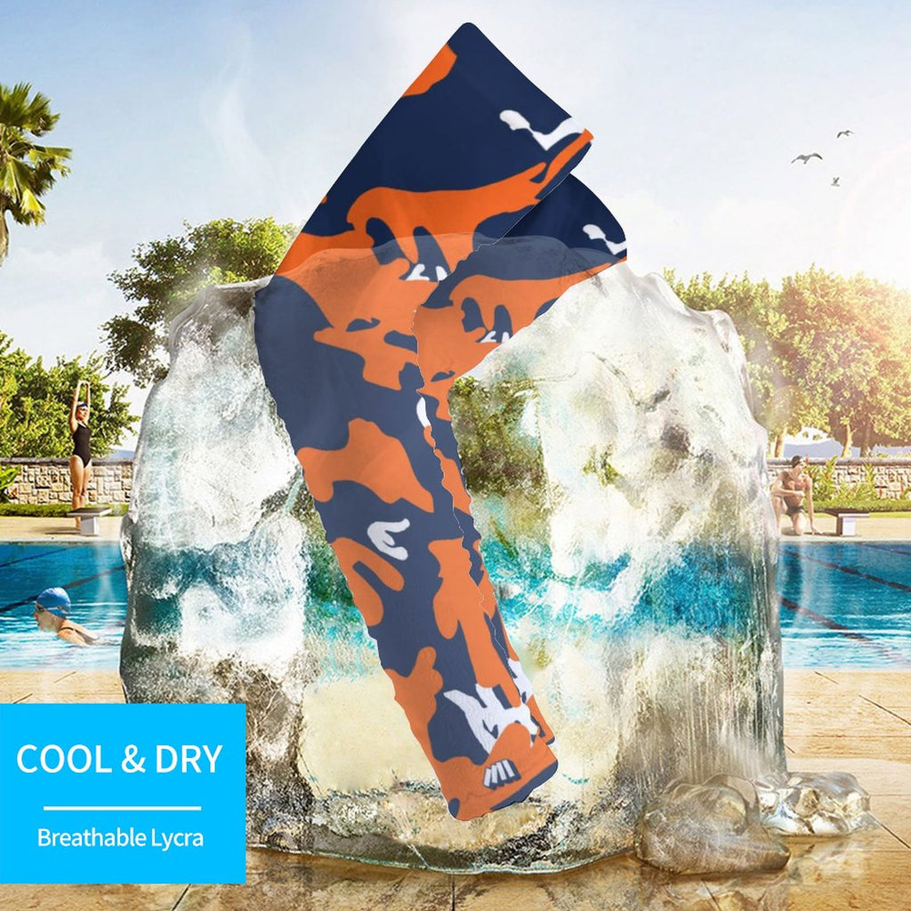 Athletic sports compression arm sleeve for youth and adult football, basketball, baseball, and softball printed with camo navy blue, orange, and white colors. 