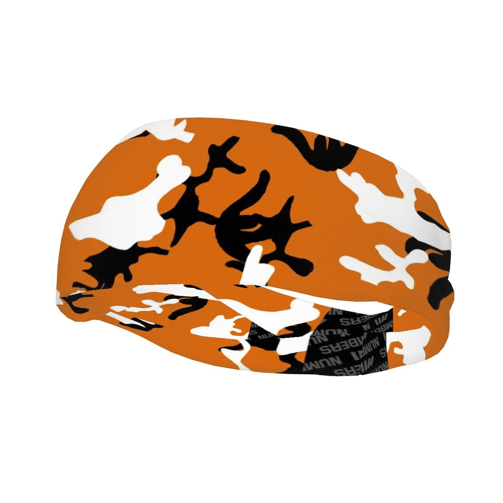 Athletic sports sweatband wide headband for youth and adult football, basketball, baseball, softball, gym workout, printed with burnt orange, white, and black colors. 
