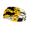 Athletic sports sweatband wide headband for youth and adult football, basketball, baseball, softball, gym workout, printed with black, yellow, and white colors. 