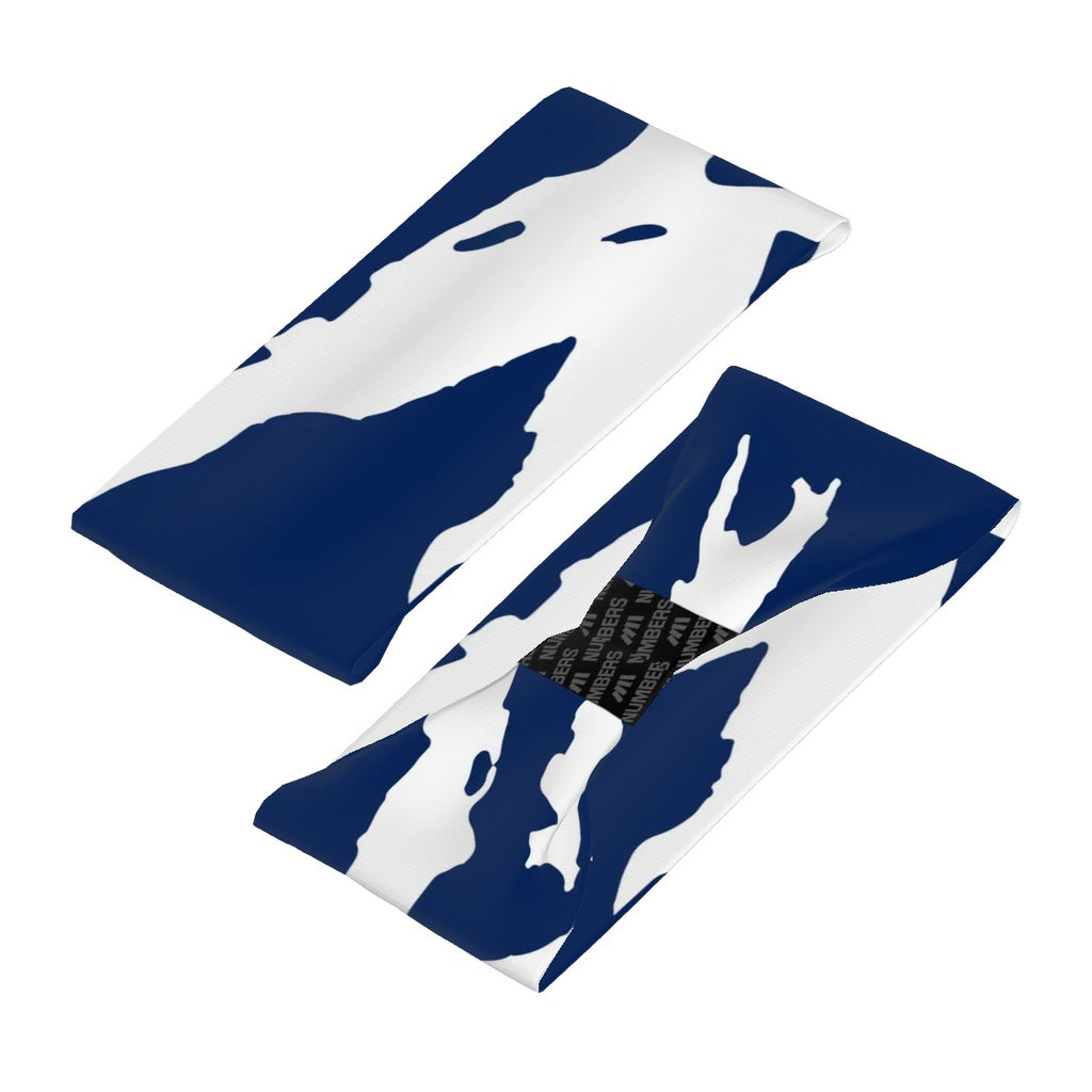 Athletic sports sweatband wide headband for youth and adult football, basketball, baseball, softball, gym workout, printed with navy blue and white colors. 
