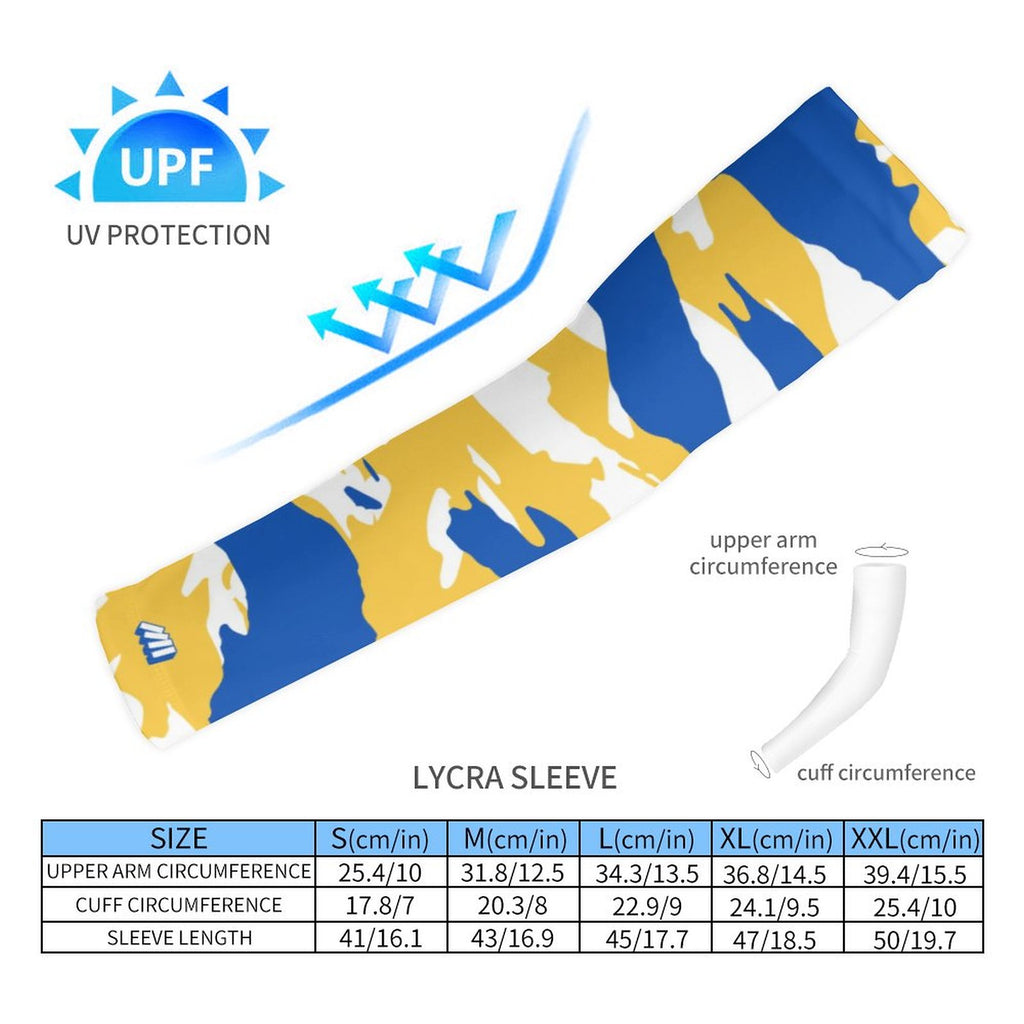 Athletic sports compression arm sleeve for youth and adult football, basketball, baseball, and softball printed with predator blue, yellow, and white colors.