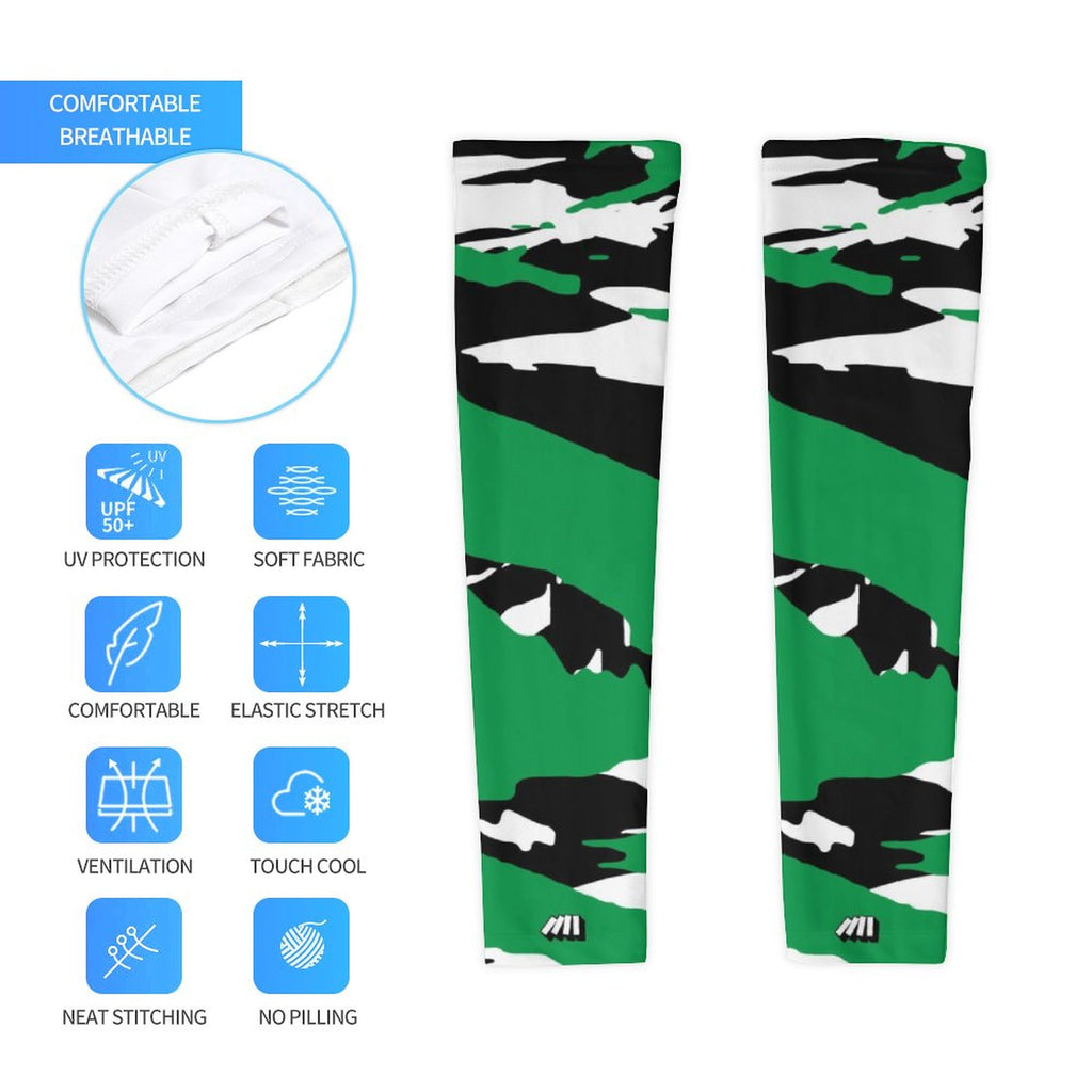 Athletic sports compression arm sleeve for youth and adult football, basketball, baseball, and softball printed with predator kelly green, white, and black colors. 