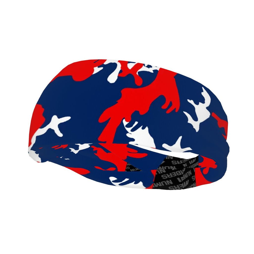 Athletic sports sweatband wide headband for youth and adult football, basketball, baseball, softball, gym workout, printed with navy blue, red, and white colors.