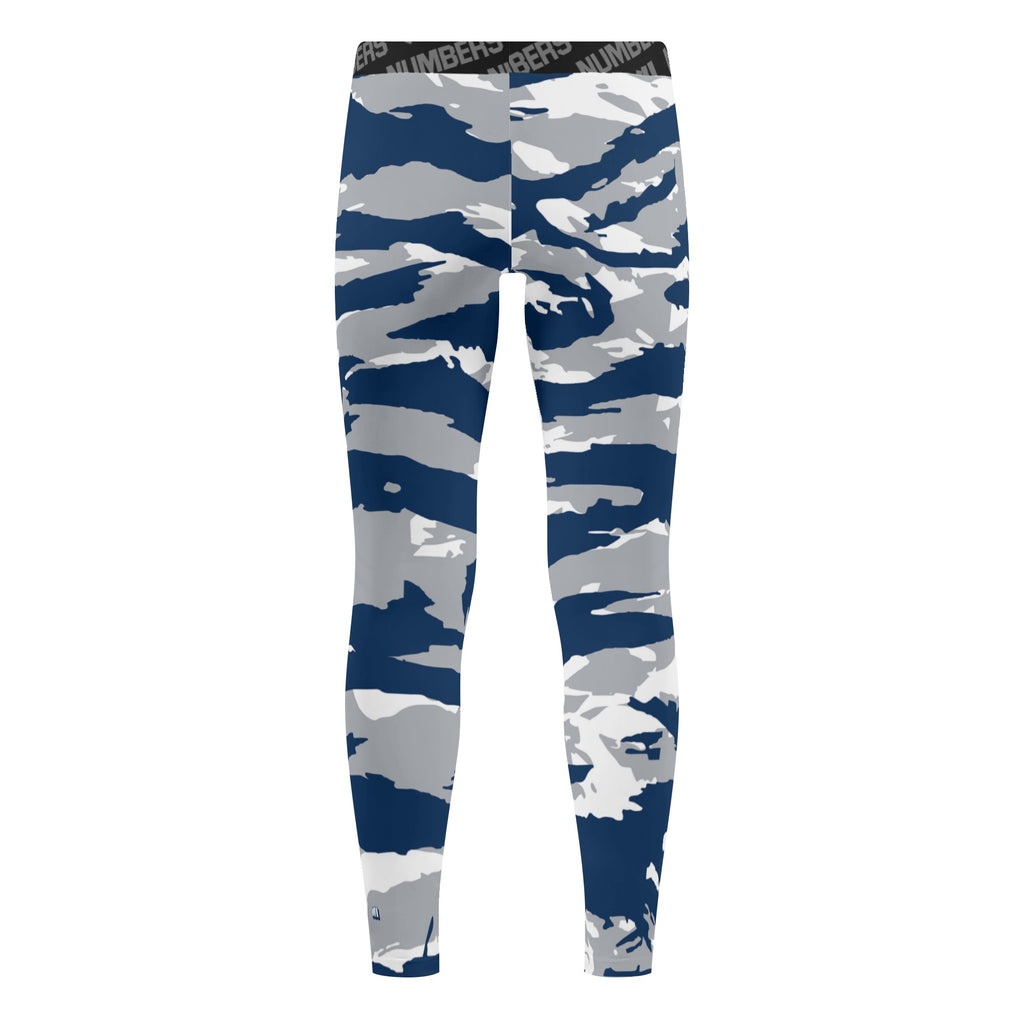 Athletic sports unisex compression tights for girls and boys flag football, tackle football, basketball, track, running, training, gym workout etc printed in predator navy blue, gray, and white Dallas Cowboys 
