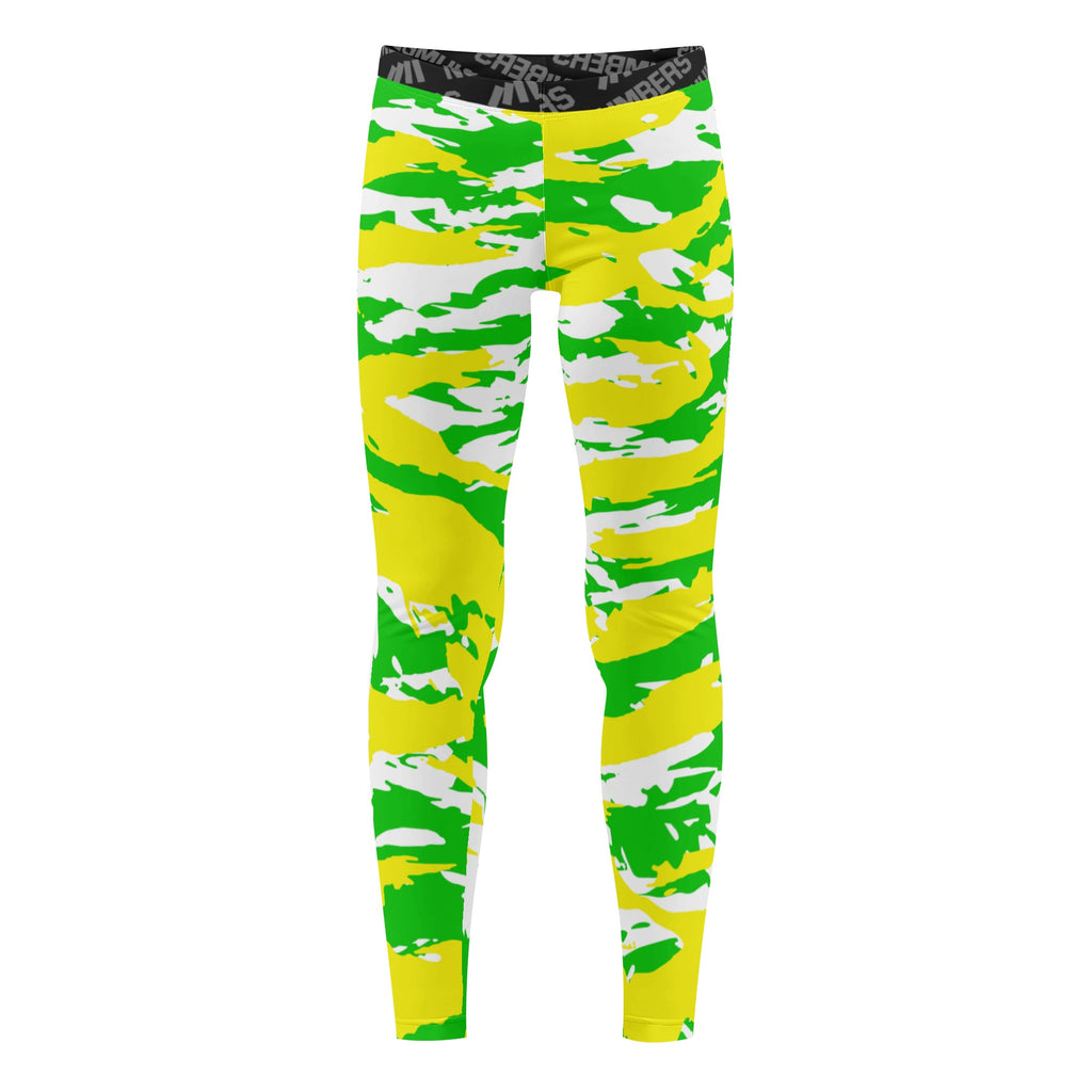 Athletic sports unisex compression tights for girls and boys flag football, tackle football, basketball, track, running, training, gym workout etc printed in predator neon green, yellow, and white Oregon Ducks