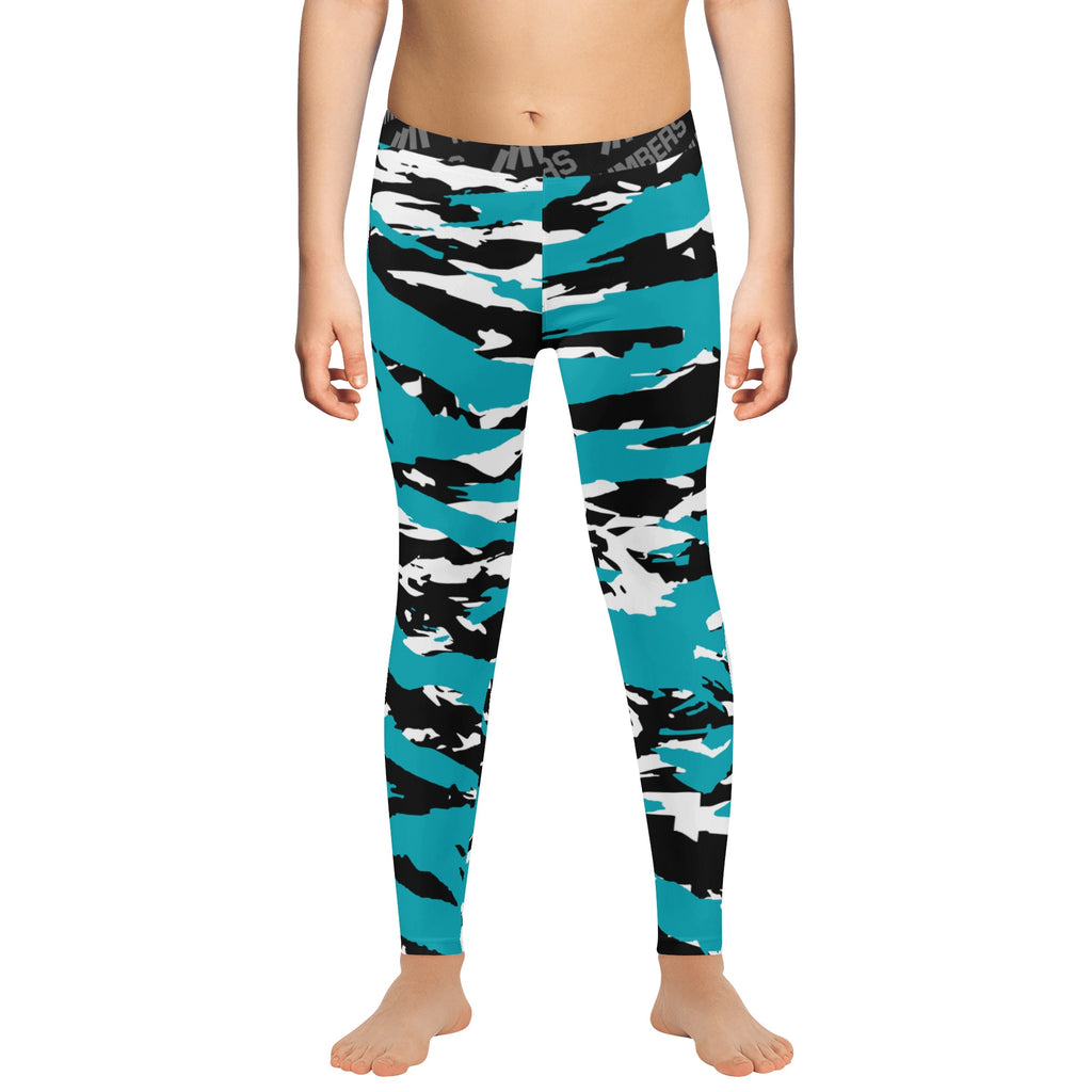 Athletic sports unisex compression tights for girls and boys flag football, tackle football, basketball, track, running, training, gym workout etc printed in predator aqua, black, and white San Jose Sharks