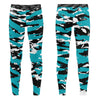 Athletic sports unisex compression tights for girls and boys flag football, tackle football, basketball, track, running, training, gym workout etc printed in predator aqua, black, and white San Jose Sharks