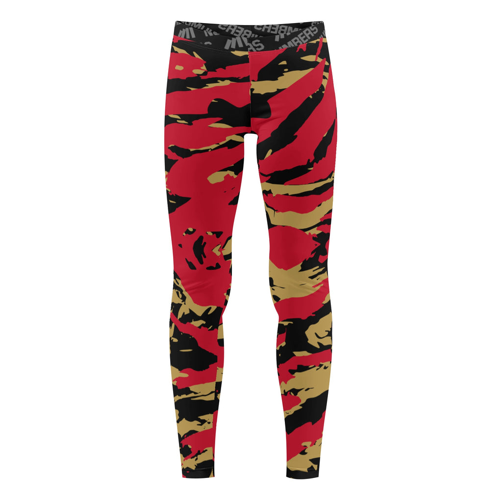 Athletic sports unisex compression tights for girls and boys flag football, tackle football, basketball, track, running, training, gym workout etc printed in predator red, gold, and black San Francisco 49'ers