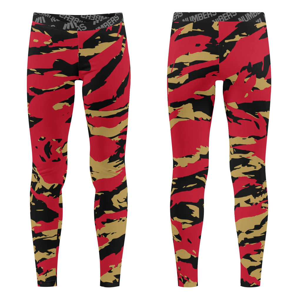 Athletic sports unisex compression tights for girls and boys flag football, tackle football, basketball, track, running, training, gym workout etc printed in predator red, gold, and black San Francisco 49'ers