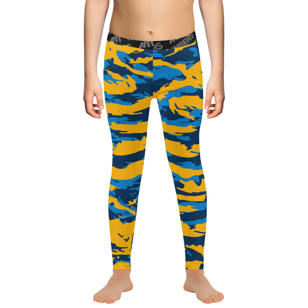 Athletic sports unisex compression tights for girls and boys flag football, tackle football, basketball, track, running, training, gym workout etc printed in predator navy blue, yellow, and white Los Angeles Chargers